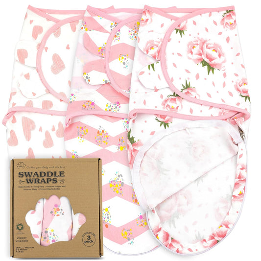 Pink Floral Baby Sleep Sacks (3-Pack) – Organic Swaddles for Newborns (0-3 Months).